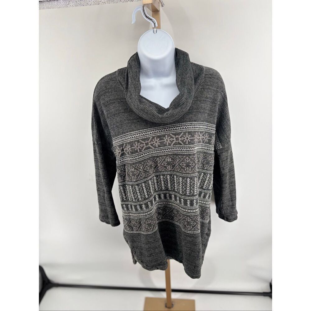 Natural Reflections Cowl Neck Nordic Print Pullover Sweater Size M Gray